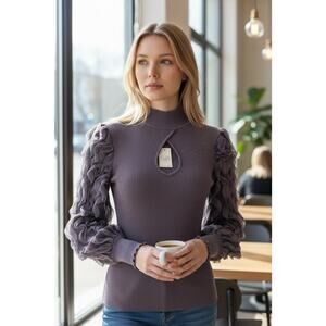 Cato brand purple ribbed knit sweater sheer ruffled sleeves Size M